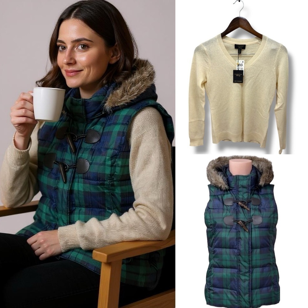 Bundle Charter Club Luxury| NWT Green Navy Puffer Vest & Cashmere Sweater(Sz SM)